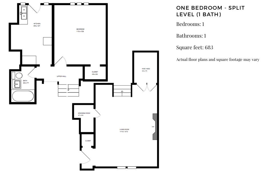 ONE BEDROOM – SPLIT LEVEL (1 BATH) floor plan