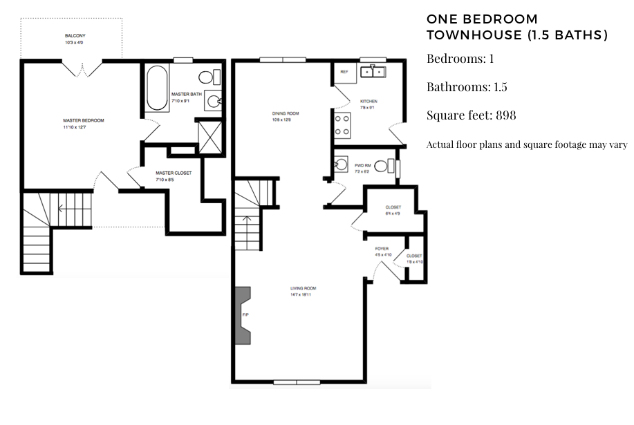 ONE BEDROOM TOWNHOUSE (1.5 BATHS) floor plan